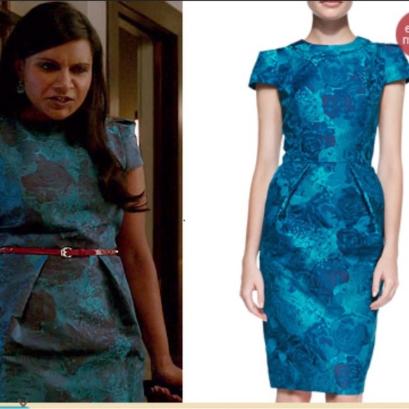 Carmen Marc Valvo Blue Floral Brocade Sheath Dress Size 4 - Picture 1 of 12